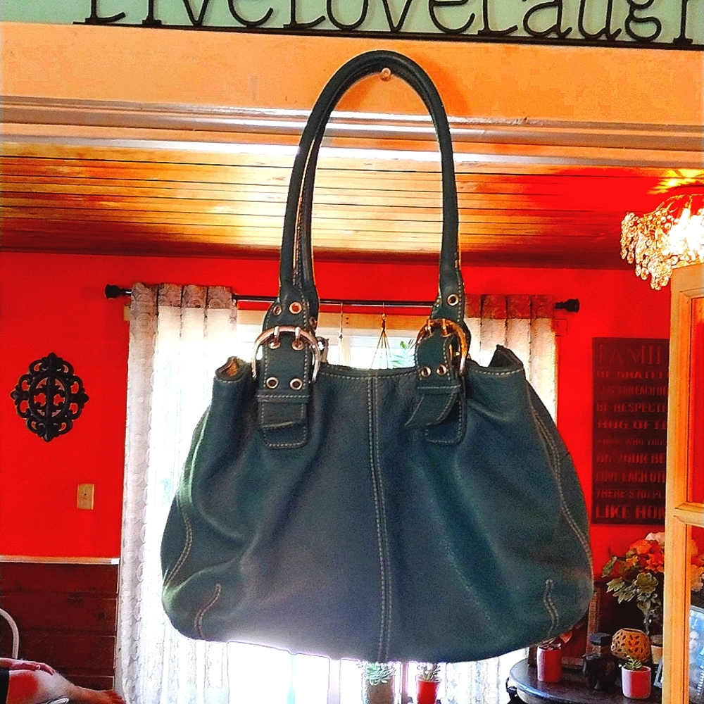 Tignanello Teal Turquoise Leather Satchel bag and Long Zipper wallet Set